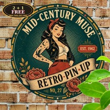 Tattooed Rose Girl Vintage Round Tin Sign Old School Ink Wall Decor 8x8 picture