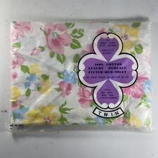 VTG Sealed Made in Japan White Floral 100 Thread Cotton Twin Fitted Bed Sheet picture