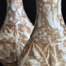 Vtg MCM Tan /White Pair Ceramic Table Lamps Drip Splatter Glaze (need rewiring) picture