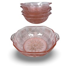 Anchor Hocking Princess Pink Depression Glass Oatmeal Bowls Set 5 Octagonal 5
