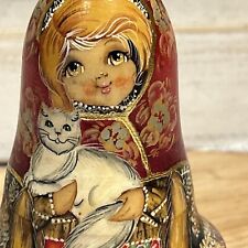 Vtg Russian Matryoshka Hand Painted Chime Wobble Bell Doll Roly Poly - Cats picture