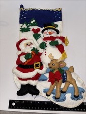 Vintage Felt Christmas Stocking Sequin Details Santa Deer Snowman Adorable 16”H picture