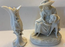 Antique Alcock English Parian Figure  Girl Feeding Bloodhound Dog  & vase c1870 picture