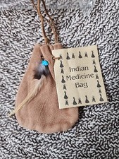 Indian Suede Leather Feather Medicine Or Stone Bag 18” Long New Tan Light Brown picture