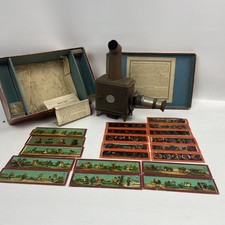 Antique Ernest Plank Magic Lantern Slide Projector Oil Lamp 20 Glass Slides Box picture