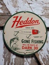 VINTAGE HEDDON PORCELAIN SIGN RARE OLD FISHING TACKLE LURE MICHIGAN TROUT BASS picture