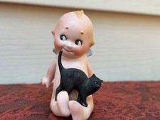 Rare Vintage Kewpie Sitting With Black Cat on Lap, Hand-painted/Fingerprints picture