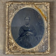 Antique 1/6 Plate Tintype Photograph 1860s Civil War Woman Brass Mat Preserver picture