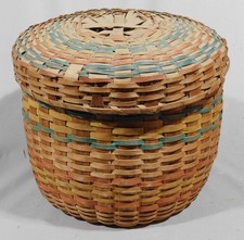 Antique Wabanaki Ash Splint Lidded Basket Polychrome Penobscot Maine ca. 1900 picture
