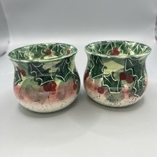 Enesco Julie Ueland 1999 HOLLY BERRY Candle Holder Set of 2 Christmas Holiday picture