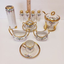 Hand Painted Pink Roses Wisteria Heavy Gold Porcelain Tea Set Lusterware Signed picture
