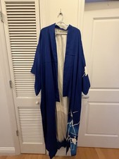 Vintage Silk Long Blue And White Kimono With Painted And Embroidered Cranes picture