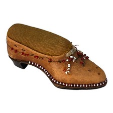 Antique Victorian Folk Art Wood Shoe Sewing Pin Cushion Beaded Hand Carved 4