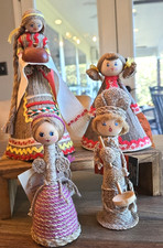 Vintage Soviet Dolls Set (4) Flax Wood Straw Original Tags 1988 Beriozka Belarus picture