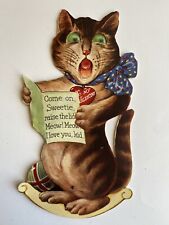 Green Googly Eye Singing Cat German Vintage Valentine Card picture