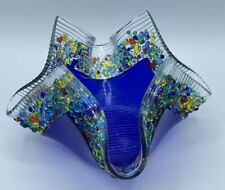 Handkerchief Style Glass Ruffled Blue With Multi Colored Glass Applied Edge picture
