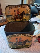Vintage Sunset Trail 5c Cigar Tin Litho Cowboy Western Roby Co Humidor Canister picture