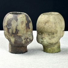 PAIR Vtg Concrete Creepy Doll Head Candle Holders Gothic Halloween Oddities HTF picture