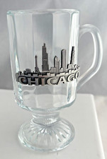 Chicago City Pewter Skyline on Pedestal Glass Souvenir Mug 8 oz picture
