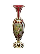 Antique Bohemian Cranberry Cut Glass Vase Hand-painted Overlay  1900s 12.75” picture