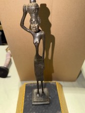 12” Vintage African Bronze Woman Water Carrier Statue Lost Wax Cast Benin Style picture