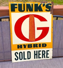RARE VINTAGE EXC. EMBOSSED METAL FUNKS G HYBRID SOLD HERE CORN SEED SIGN 29x17 picture