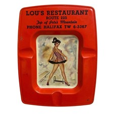 Vtg Pinup Advertising Metal Tin Ashtray Lous Restaurant Halifax PA Peters Mtn picture