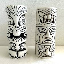 2 Heavy Ceramic Tiki Mugs Exotic Cocktails Iced Tea Drinks Black White Bar 7
