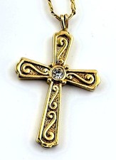 Vintage Trifari TM Gold Tone Rhinestone Cross Pendant Chain Necklace 17