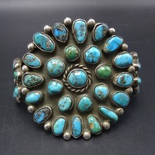OLD Heavy Sterling Silver TURQUOISE CLUSTER Sampler Cuff BRACELET 88g picture