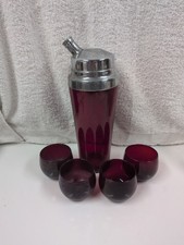Vintage Ruby Red Cocktail Shaker With Chrome Lid And (4) Roly Poly Glasses picture