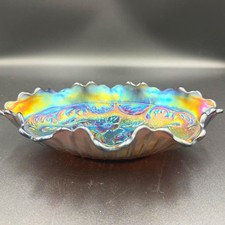 Antique Northwood Poppy Carnival Glass Ruffled Oval Pickle Dish Amethyst Purple picture
