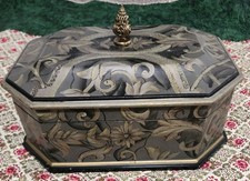 Maitland Smith Vintage Hand Painted Gray Botanical Decorative Box Brass ​ picture