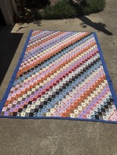 Vintage Polyester Brick Pattern Tie Quilt 100” x 74” Blue 70s 80s picture