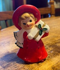 VTG Enesco Christmas Holiday Girl Figurine Holding Gift READ picture