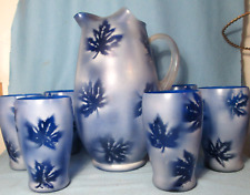 Cobalt Blue Frosted Art Glass Pitcher with Applied Reed Handle & 6 Tumbler SET picture