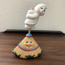 Vintage Ceramic Anthropomorphic Broom  Figurine With Ghost Riding Witch Hat picture