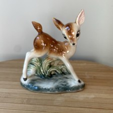 Vtg Mid Century Ceramic Deer Fawn Figurine 7” Kitsch Big Eye Bambi Japan Mint picture