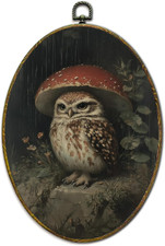 Vintage Owl Mushroom Wall Art Decor, Dark Academia Cottagecore Owl Oval Canvas P picture