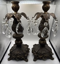Vtg. Hollywood Regency Pair of Ornate Metal Candlesticks Holders with Prisms picture