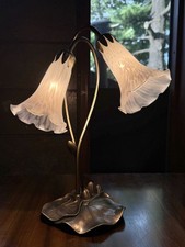 Vtg Art Nouveau Tiffany Style Double Lily Pond Accent Lamp Frosted White Glass  picture
