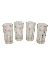 Set of 4 Vintage Retro Atomic Starburst Glass Tumblers Red Black Gold 5.5