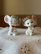 1950'S VINTAGE NAPCOWARE CHRISTMAS MOUSE FIGURINES WITH GREEN SPAGHETTI TRIM picture
