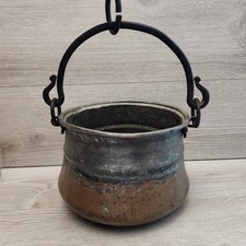 Antique Hand Forged Copper Primitive Cottage Farm Hanging Cauldron Cooking Pot  picture