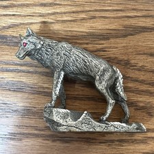 Masterworks Fine Pewter Red Crystal Eyes Wolf Figurine 3” x 3.75” picture