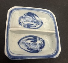 Vtg Chinese Export Blue White Porcelain Fish Patten Cup Saucer & Divided Dish  picture