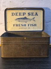 Antique DEEP SEA FRESH FISH NORFOLK VA. Advertising Tin Coastal Home Decor  picture