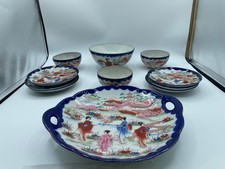 Vintage Japanese Geisha Girl Plates Set Scalloped Cobalt Blue Hand Painted  picture