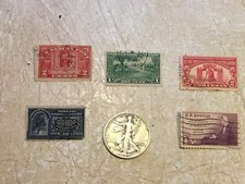 WW2 1943 SILVER  50 Cent Walking Liberty 5 STAMP 10C 1943 EXPO 1776-1926 1C 1775 picture