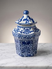 Vintage Blue White Chinoiserie Hexagonal Ginger Jar Lidded Temple Urn Floral picture